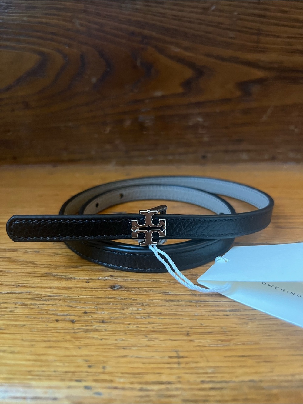 Tory Burch Black Leather Thin Logo Belt with Silver Accents in Size: S